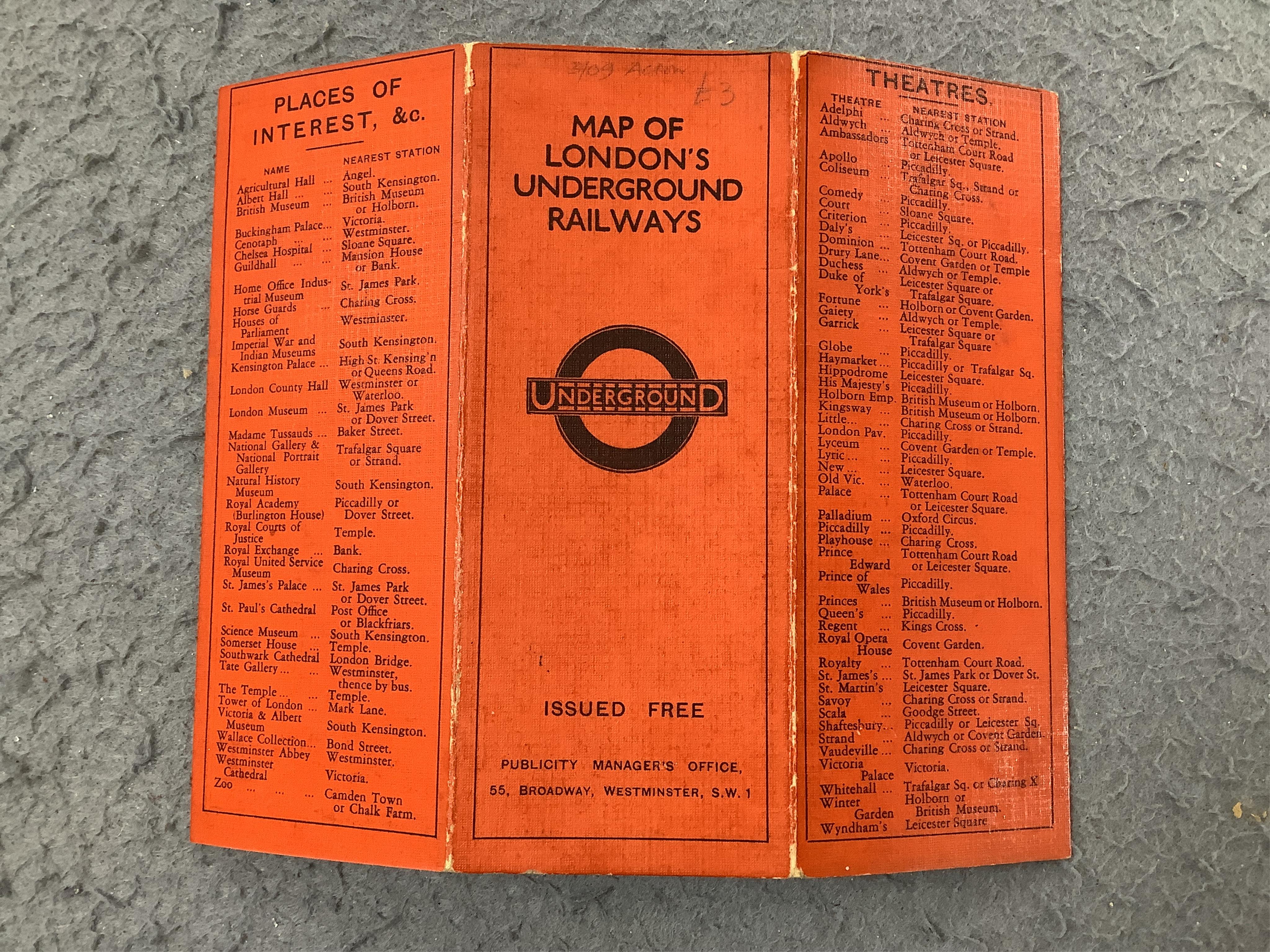 A Stingemore London Underground Railway pocket map c.1930, with red cover. Condition - good.